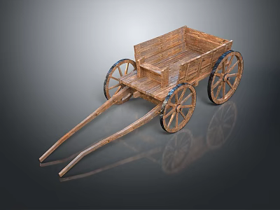 Vintage Wooden Hand Cart With Two Spoked Wheels And Open Wooden Body 3d model