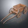 Vintage Wooden Hand Cart With Two Spoked Wheels And Open Wooden Body