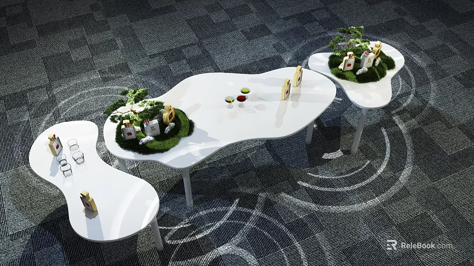 Modern Tea Break Area Featuring Curved White Tables Green Plants And Snacks 3d model 