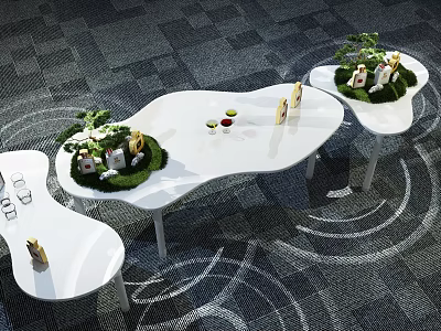 Modern Tea Break Area Featuring Curved White Tables Green Plants And Snacks 3d model