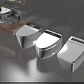 Three Modern Smart Toilets In Bathroom With Marble Sink Counter And Gray Wall