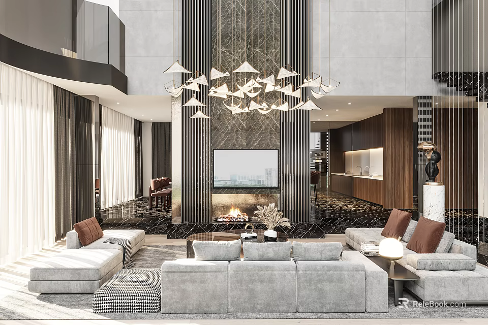 Modern Duplex Living Room Interior With Gray Sectional Sofas Cluster Pendant Lights Fireplace And TV 3d model 