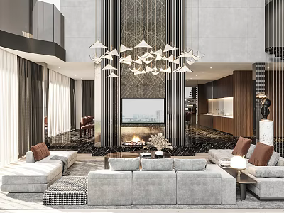 Modern Duplex Living Room Interior With Gray Sectional Sofas Cluster Pendant Lights Fireplace And TV 3d model