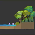 Vibrant 3D Nature Scene with Green Trees Blue Water Yellow Ground and Pink Flowers