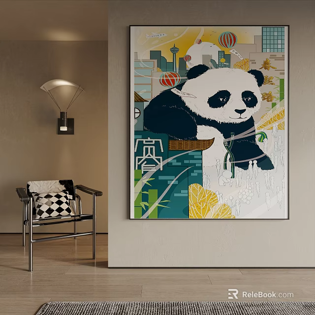 Panda Themed Wall Art With City Elements Balloons And Plants In Living Room 3d model 