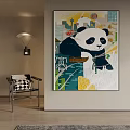 Panda Themed Wall Art With City Elements Balloons And Plants In Living Room