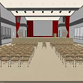 Spacious Assembly Hall Interior With Rows of Chairs Projection Screen and Red Curtains
