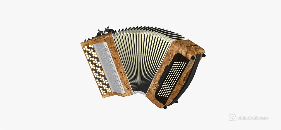 Vintage Wooden Accordion Musical Instrument with Decorative Grilles and Keyboard Keys 3d model 