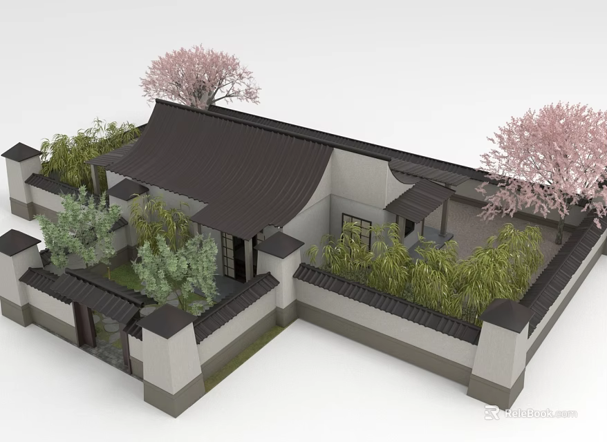 Traditional Chinese Courtyard Architecture With White Walls Black Tiled Roof And Pink Cherry Blossom Trees 3d model 