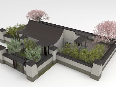 Traditional Chinese Courtyard Architecture With White Walls Black Tiled Roof And Pink Cherry Blossom Trees 3d model