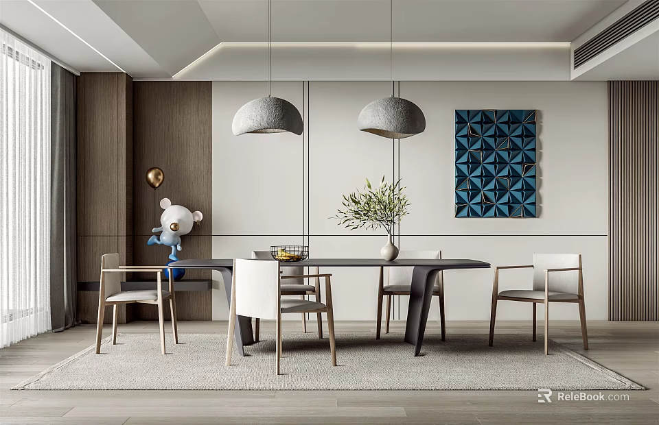 Modern Dining Room Interior with Table Chairs Gray Pendant Lights Blue Geometric Art and Plants 3d model 