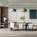 Modern Dining Room Interior with Table Chairs Gray Pendant Lights Blue Geometric Art and Plants