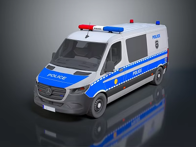 White And Blue Police Van With Emergency Lights And Police Markings 3d model