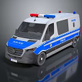 White And Blue Police Van With Emergency Lights And Police Markings