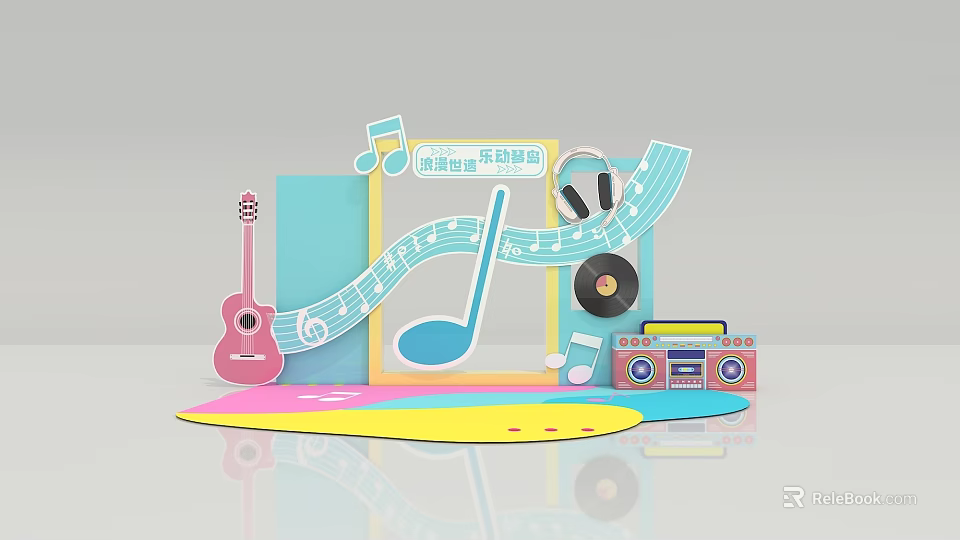 Music Theme Photo Check-in Spot With Guitar Record Player Musical Notes Decor And Colorful Background 3d model 