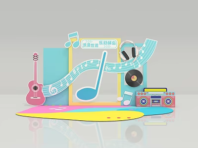 Music Theme Photo Check-in Spot With Guitar Record Player Musical Notes Decor And Colorful Background 3d model