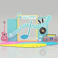 Music Theme Photo Check-in Spot With Guitar Record Player Musical Notes Decor And Colorful Background
