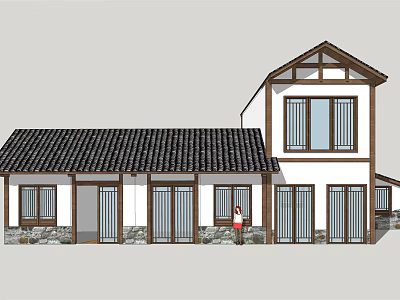 Traditional Chinese House With Black Tiled Roof White Walls Wood Framed Windows and Person Nearby 3d model