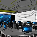 Modern Control Room With Multiple Computer Monitors Control Desks Data Charts And World Map Background 3d model
