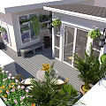 Beautiful Roof Garden with Green Plants Flower Baskets Wooden Floor Bench and Lantern Light