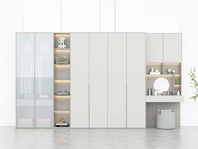 Modern White Wardrobe with Glass Doors LED Lighting and Dressing Table in Minimalist Interior 3d model