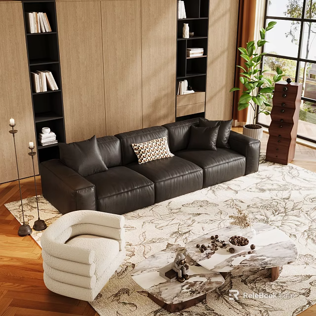 Black Leather Sofa Coffee Table Set With White Armchair Plant And Bookshelves On Patterned Rug 3d model 
