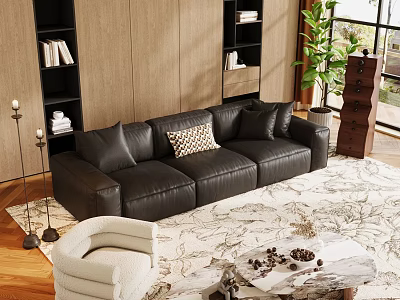 Black Leather Sofa Coffee Table Set With White Armchair Plant And Bookshelves On Patterned Rug 3d model