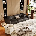 Black Leather Sofa Coffee Table Set With White Armchair Plant And Bookshelves On Patterned Rug