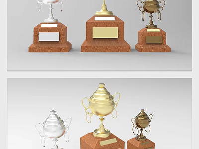 Gold Silver Bronze Trophies With Wooden Bases And Name Plates Collection 3d model