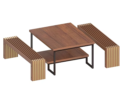 Walnut Wooden Square Table with Lower Shelf and Striped Metal Leg Bench Set 3d model