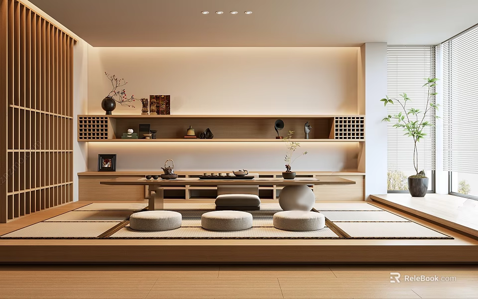 Japanese Style Tatami Bedroom Interior With Wooden Shelves Low Table And Floor Cushions 3d model 