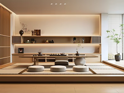 Japanese Style Tatami Bedroom Interior With Wooden Shelves Low Table And Floor Cushions 3d model