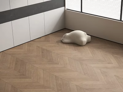 Herringbone Hardwood Flooring In Modern Room With Sculpture Cabinetry And Windows 3d model