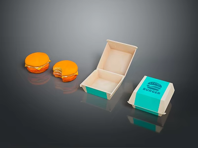 Whole and Bitten Burgers with Open Paper Boxes from Burger House on Dark Surface 3d model