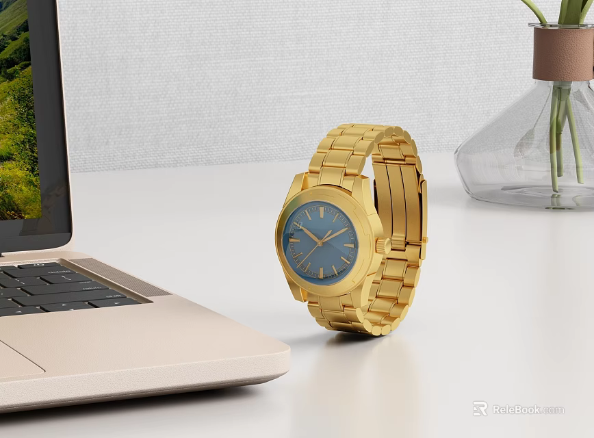 Golden wrist watch with blue dial on white table near laptop and vase 3d model 