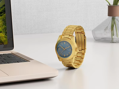 Golden wrist watch with blue dial on white table near laptop and vase 3d model