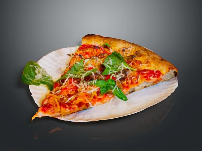 Delicious Pizza Slice on Paper Plate with Tomato Basil Leaves Cheese and Crispy Crust 3d model