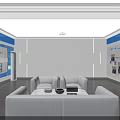 Modern Tech Savvy Exhibition Hall With Blue Background Sofas And Display Wall 3d model