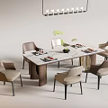 Modern Dining Table Set With Marble Tabletop Six Light Upholstered Chairs And Hanging Pendant Light 3d model