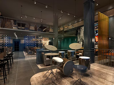 Modern Bar Interior with Two Floor Layout Drum Shaped Stools Blue Accent Wall Pendant Lights 3d model