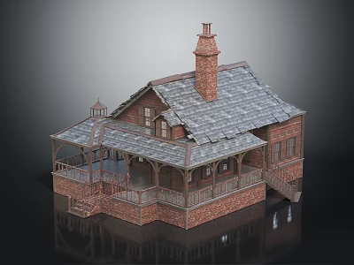 Traditional European-style Architecture Featuring Brick Structure Sloped Roof Gray Tiles Brick Chimney and Wooden Veranda 3d model