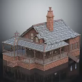 Traditional European-style Architecture Featuring Brick Structure Sloped Roof Gray Tiles Brick Chimney and Wooden Veranda
