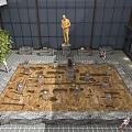 Industrial Interior Space Featuring Circular Stone Wall With Golden Statue And Green Plants