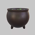 Brown Ceramic Pot With Green Liquid And Green Balls On Three Legs
