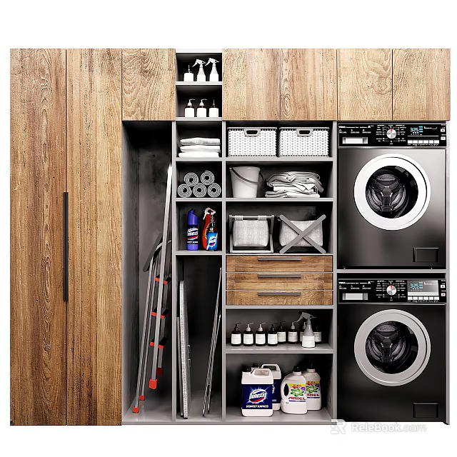 Practical Bathroom Cabinet Storage With Wooden Design Washing Machine Dryer Baskets Towels And Cleaning Supplies 3d model 