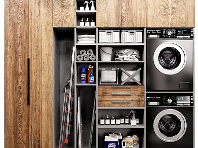 Practical Bathroom Cabinet Storage With Wooden Design Washing Machine Dryer Baskets Towels And Cleaning Supplies 3d model