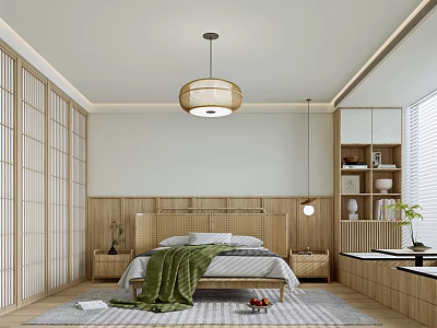 Modern Wooden Bedroom Interior With Woven Pendant Light Green Throw Blanket Nightstands Blinds And Plants 3d model