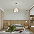 Modern Wooden Bedroom Interior With Woven Pendant Light Green Throw Blanket Nightstands Blinds And Plants