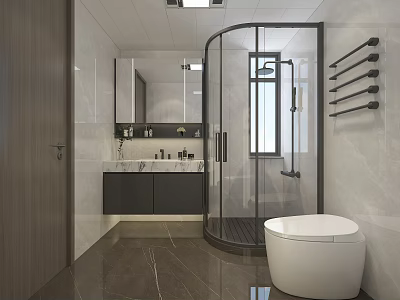 Modern Minimalist Bathroom With Curved Glass Shower Enclosure Smart Toilet And Marble Vanity Cabinet 3d model