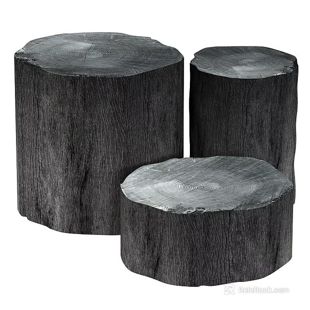 Three Dark Wooden Tree Stump Desks With Round Top And Natural Texture 3d model 